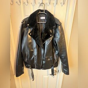 Black Leather Jacket with Faux Fur Collar